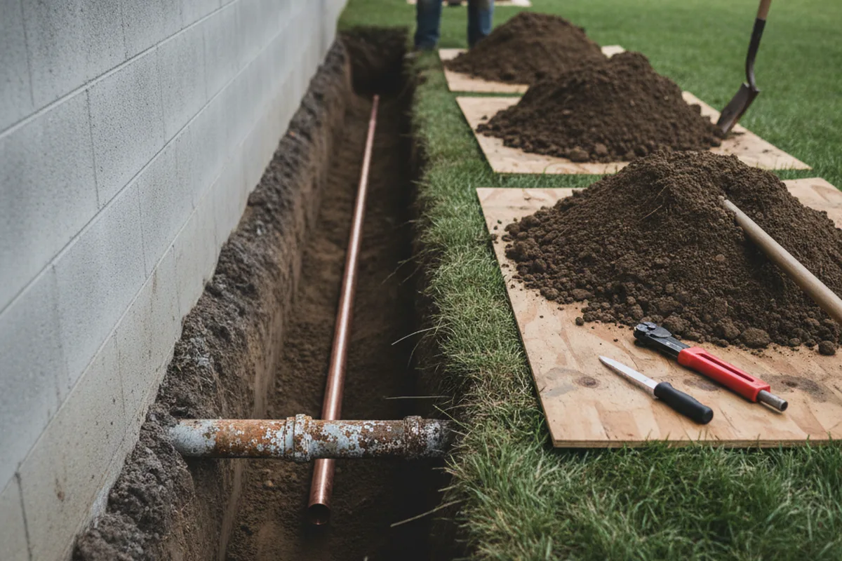 Excavated water line trench during Water Heater Repair in Homewood